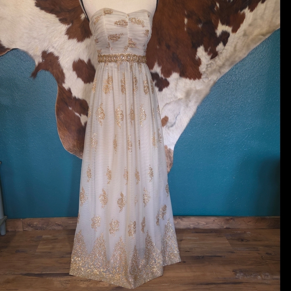 Blondie Nites Strapless Dress in Gold and Cream